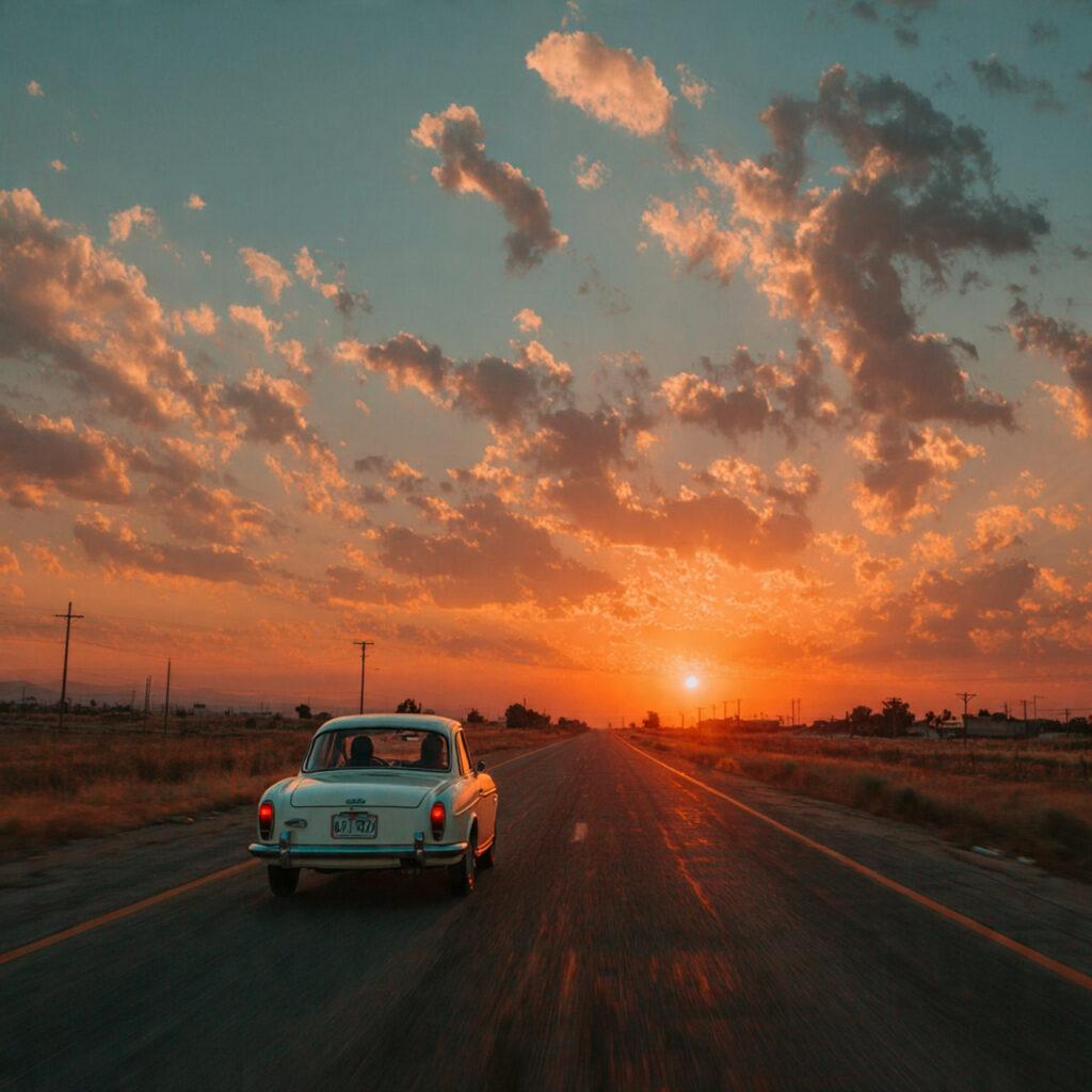 a car driving down an empty highway