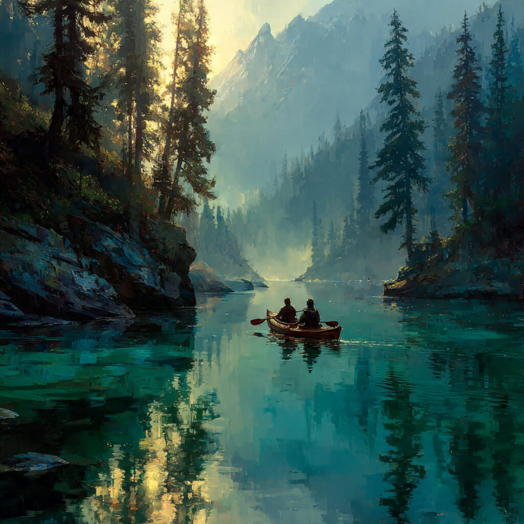 a couple kayaking through a calm river