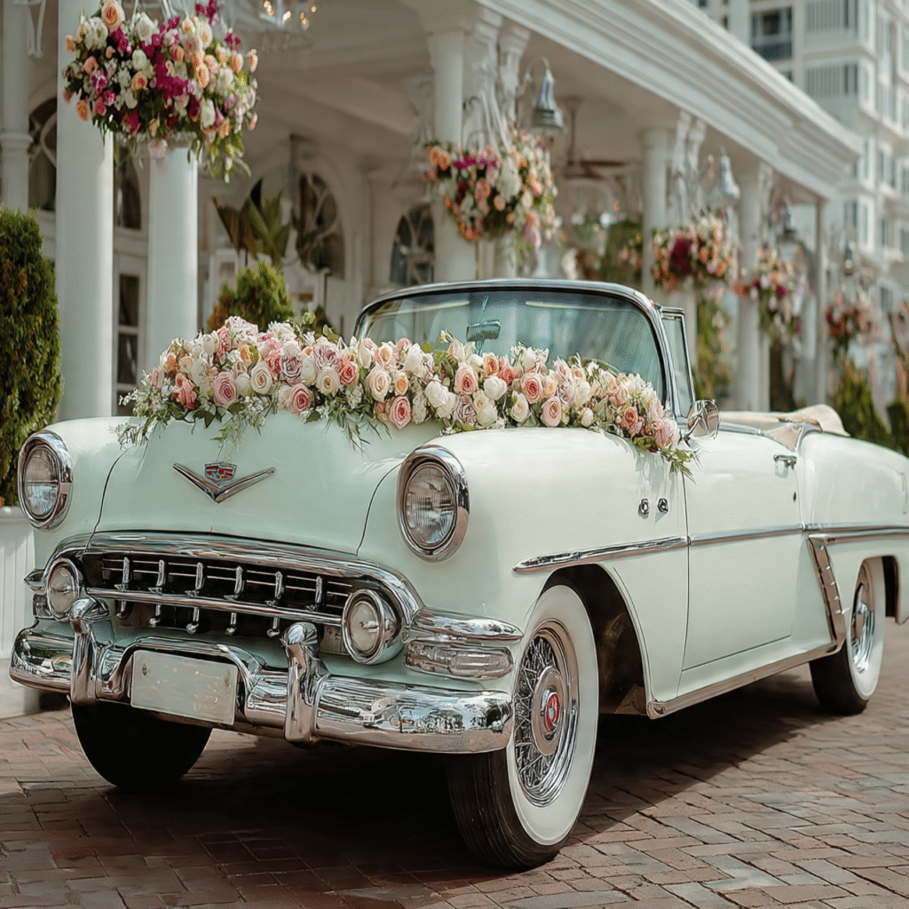 a luxury white wedding car decorated with