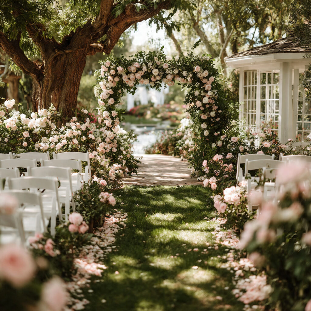 20 Dreamy Outdoor Wedding Ideas for Every Season & Style 1 a serene garden wedding ceremony surrounded by