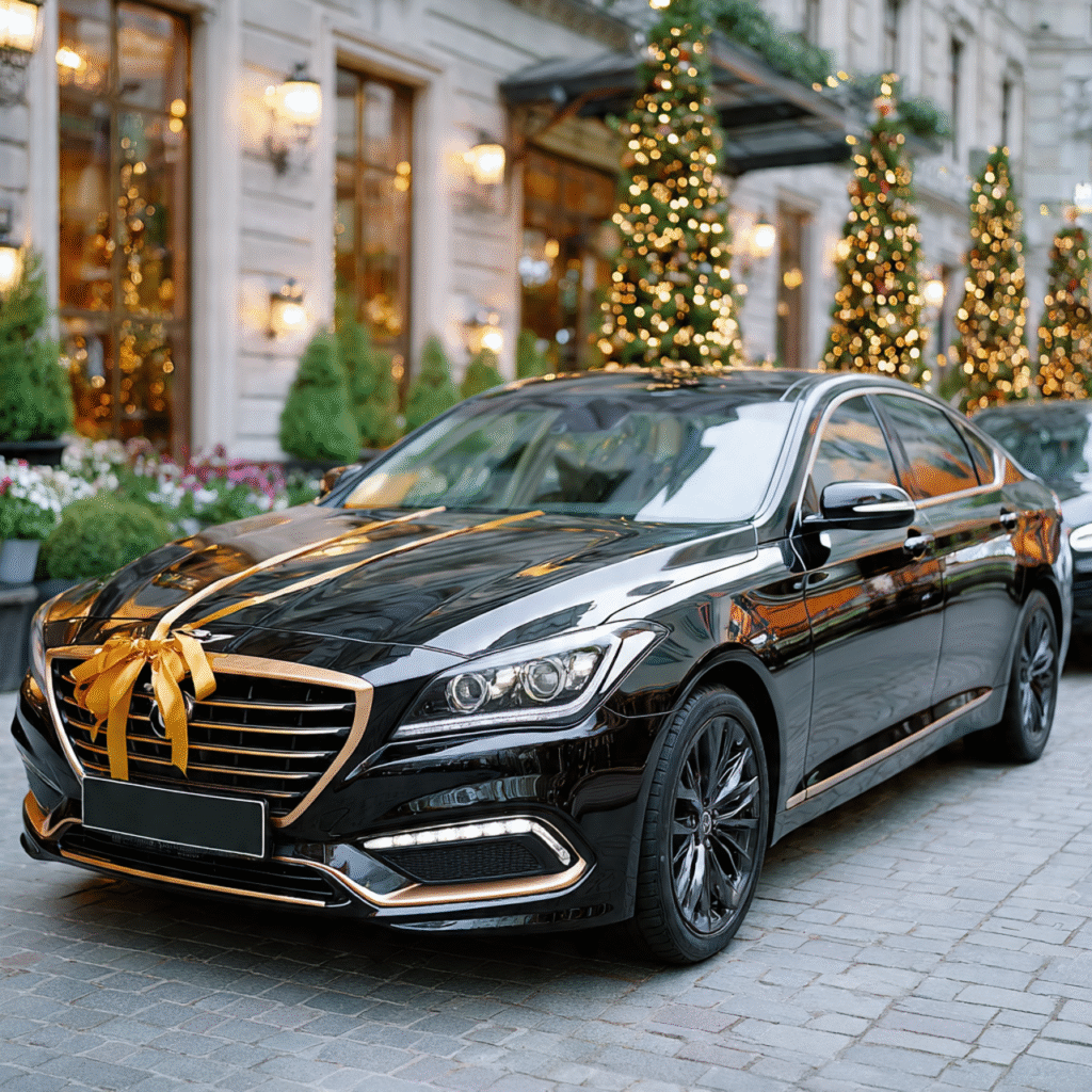 a sleek black car with long satin
