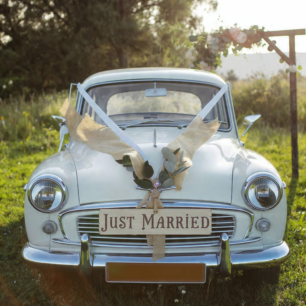 a vintage car decorated with burlap ribbons 1