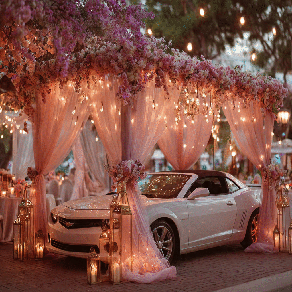car draped with flowing chiffon fabric along