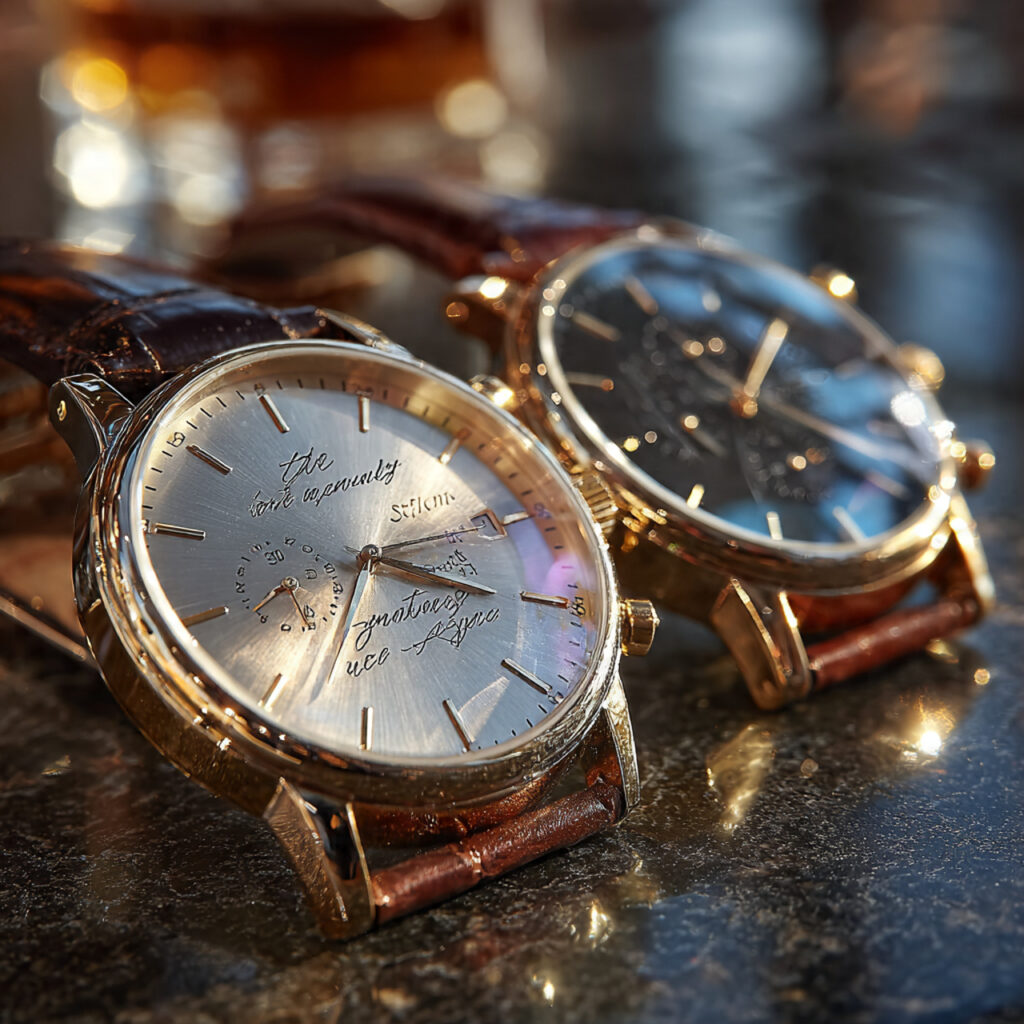 close up of a wristwatch with engraved message