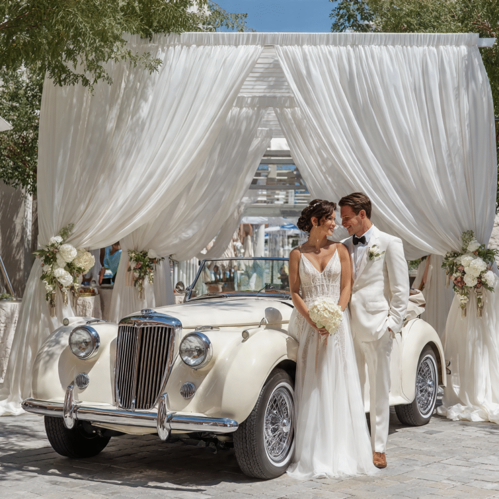 convertible wedding car with a light chiffon