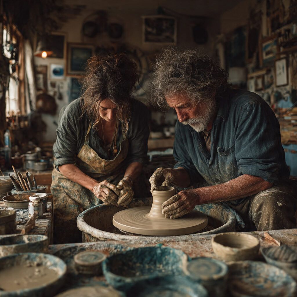 couple learning pottery together hands shaping clay