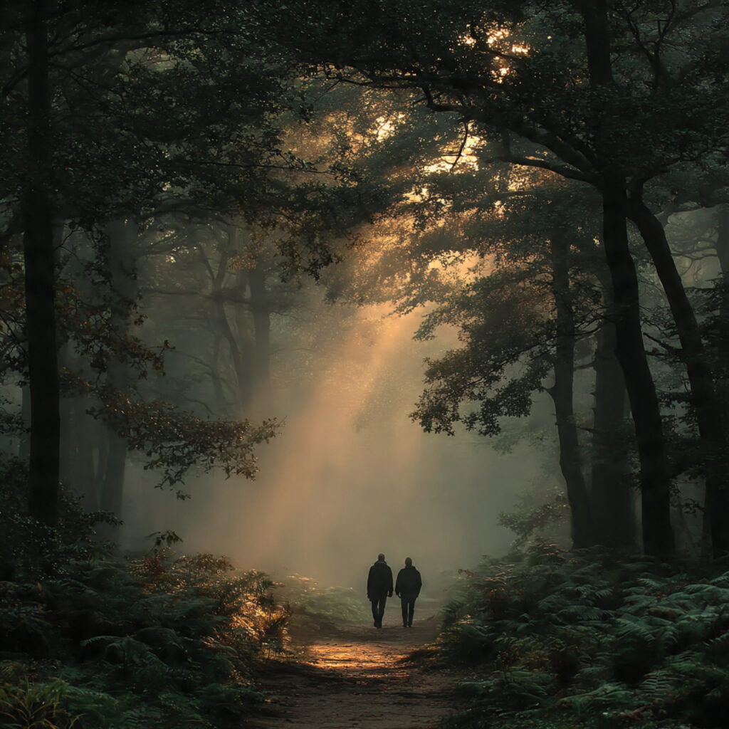 couple walking quietly through a forest path