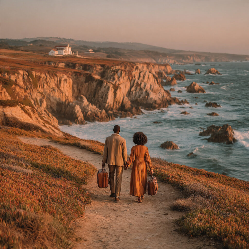 couple walking together on a scenic path