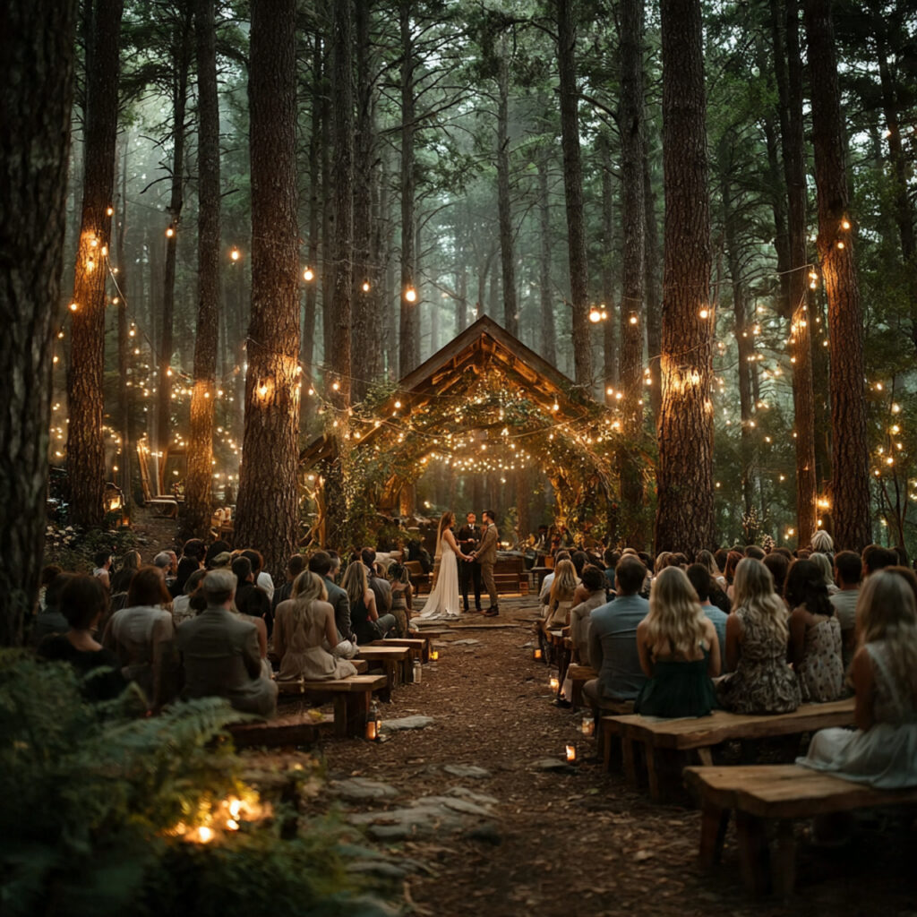 20 Dreamy Outdoor Wedding Ideas for Every Season & Style 3 forest wedding scene under tall pine trees