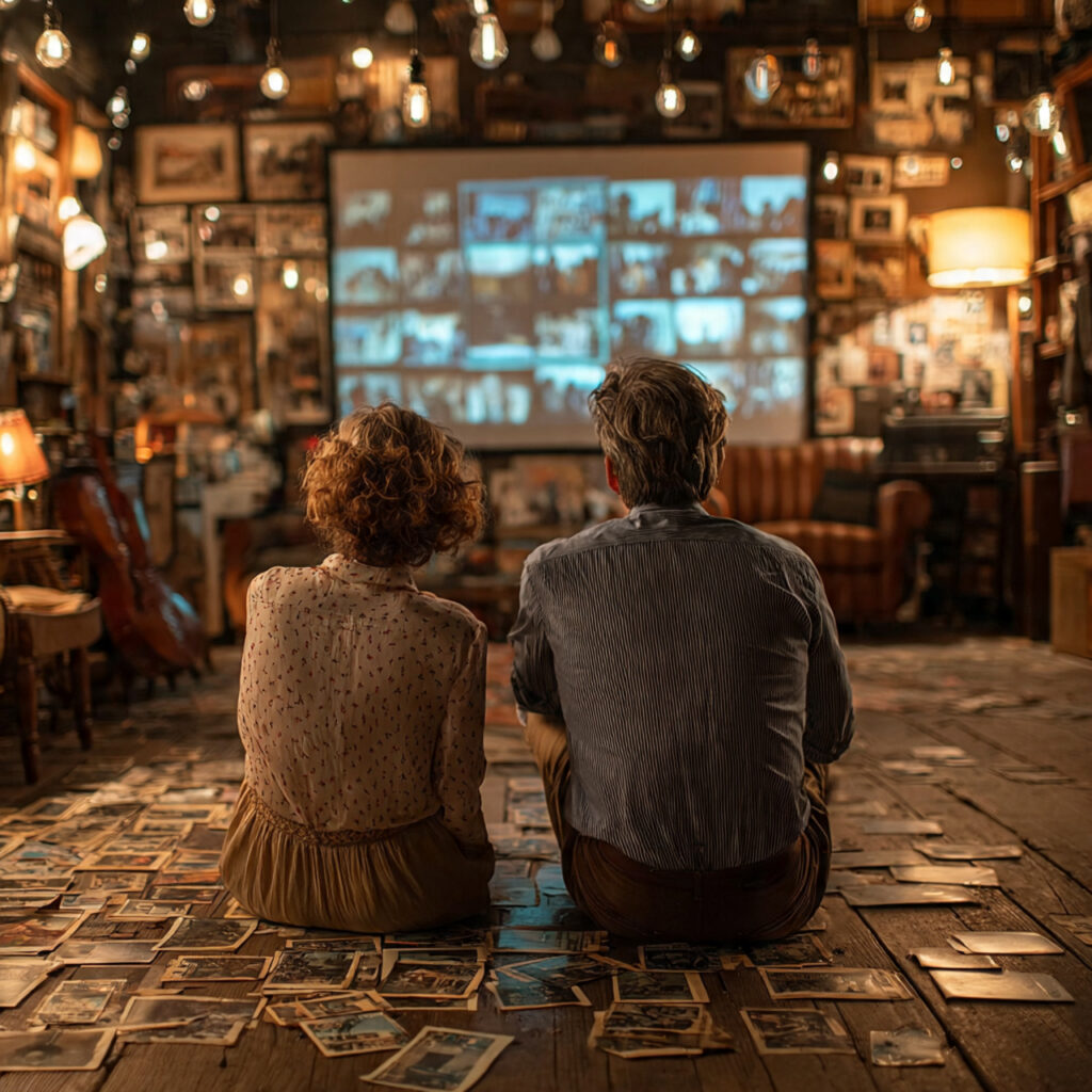 living room setting with couple watching home
