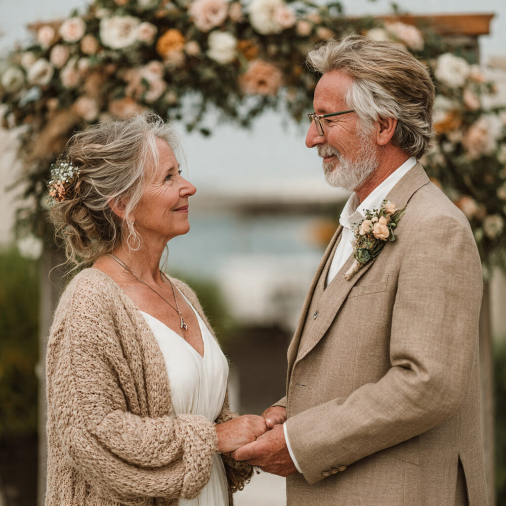 mature couple exchanging vows under a simple