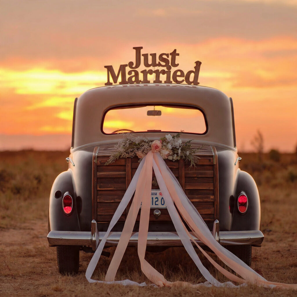 rear view of a wedding car with 1