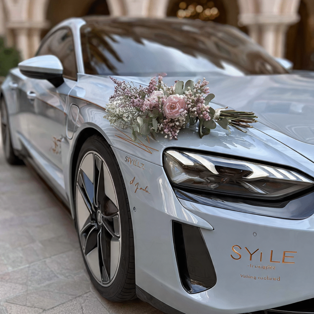 sleek wedding car with custom monogram decals