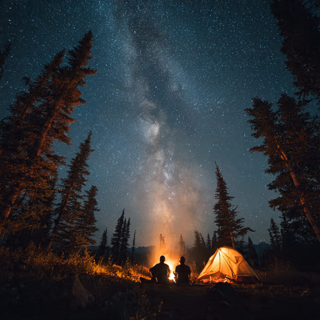 two people sitting beside a campfire under