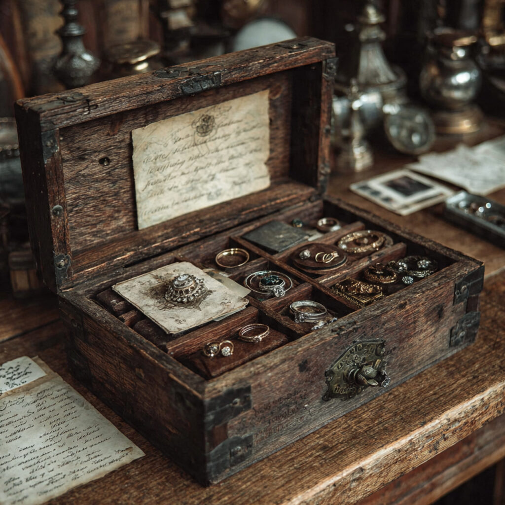 wooden keepsake box open on table filled