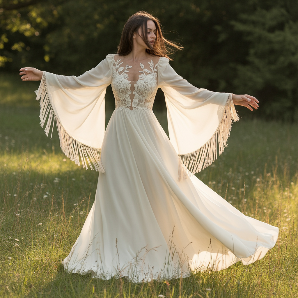 Boho-Inspired A-Line with Fringe or Bell Sleeves