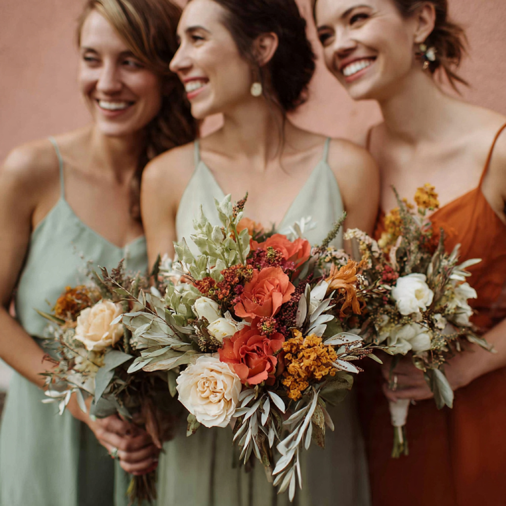 Burnt Orange and Sage Green Bridesmaid Bouquets