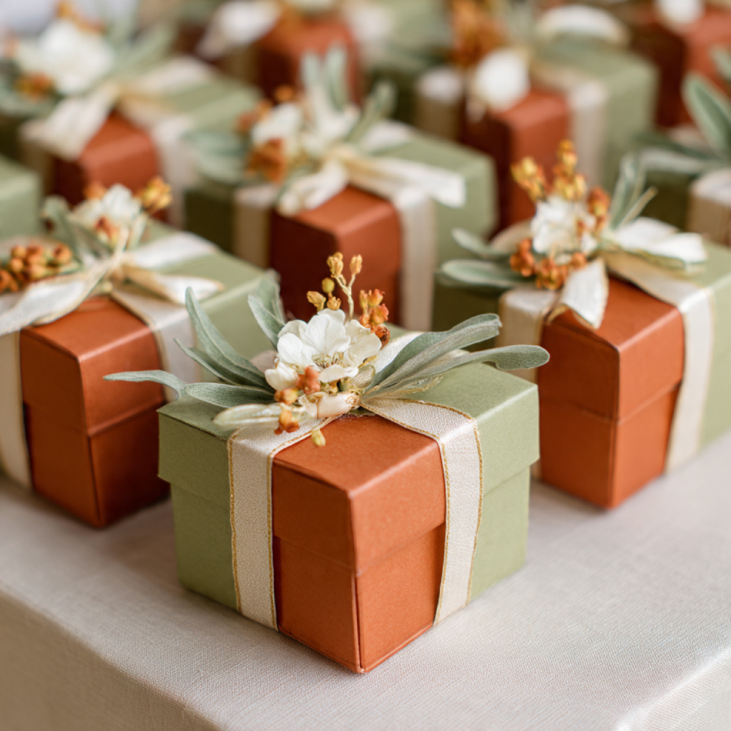 Burnt Orange and Sage Green Wedding Favors