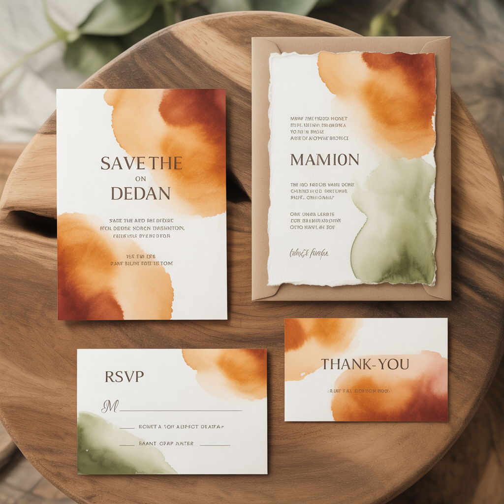 Burnt Orange and Sage Green Wedding Invitations Suite