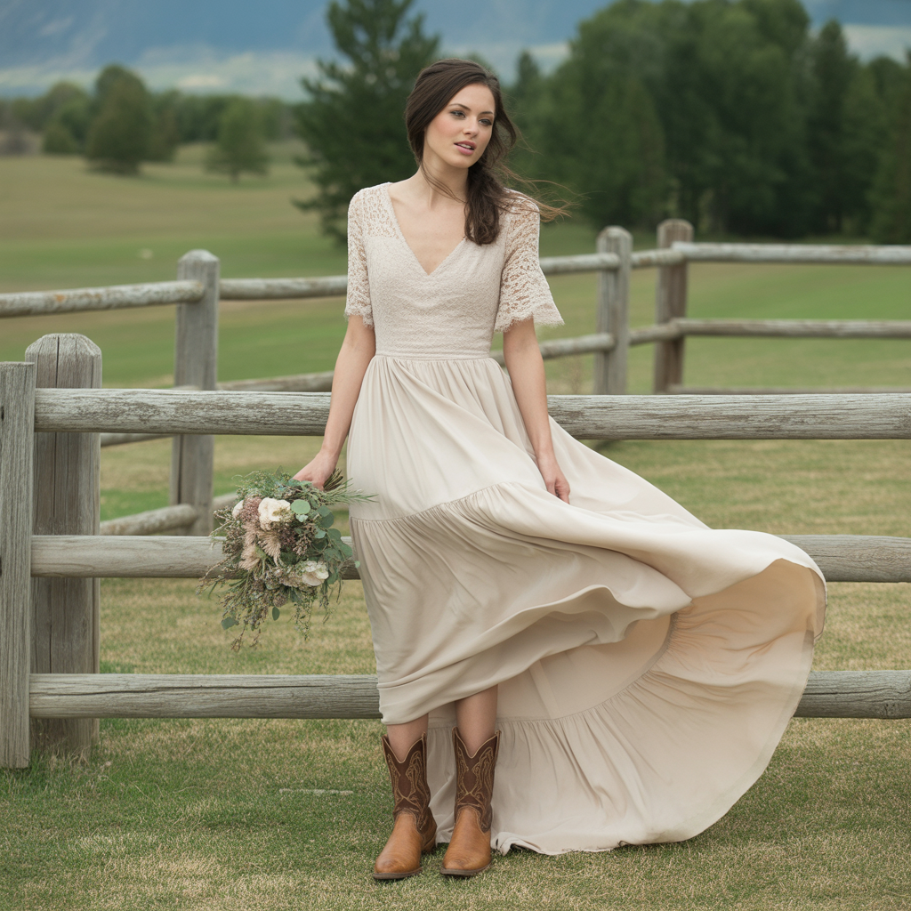 Gown Paired with Rustic Footwear: Boots or Leather Sandals