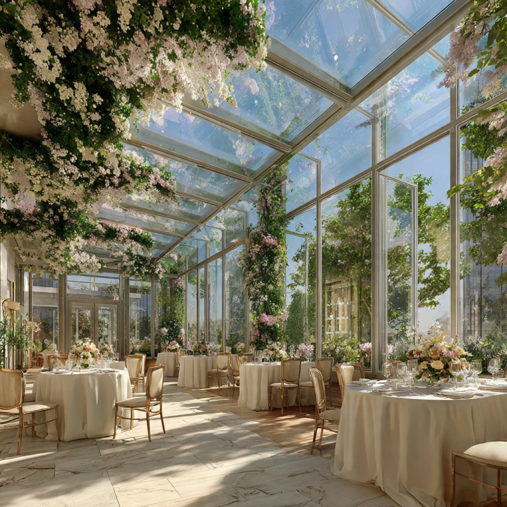 16 Elegant Spring Wedding Venue Ideas for Every Couple’s Style 10 Greenhouse Terrace or Glass-Walled Ballroom Overlooking Gardens