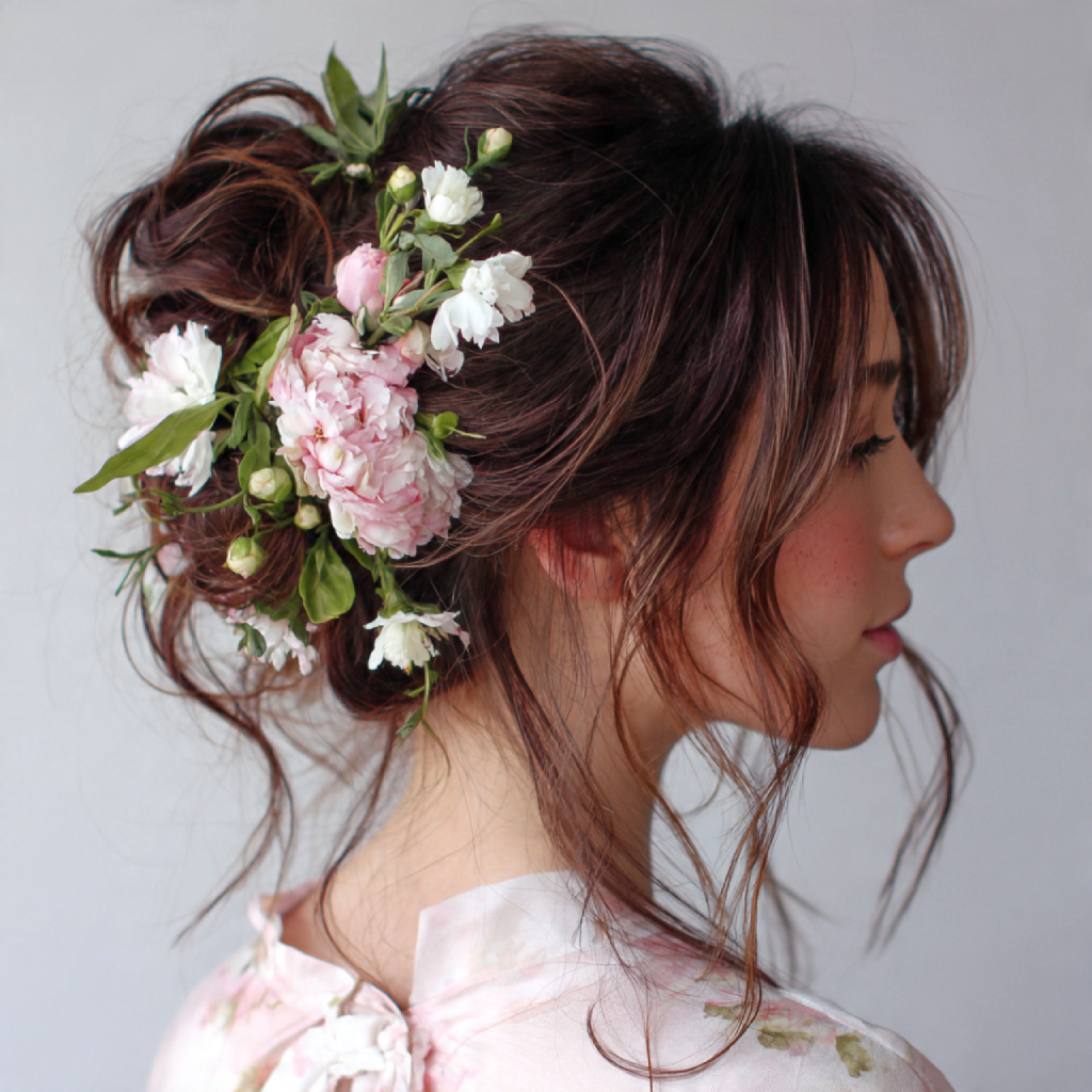 Messy Bun with Fresh Flowers