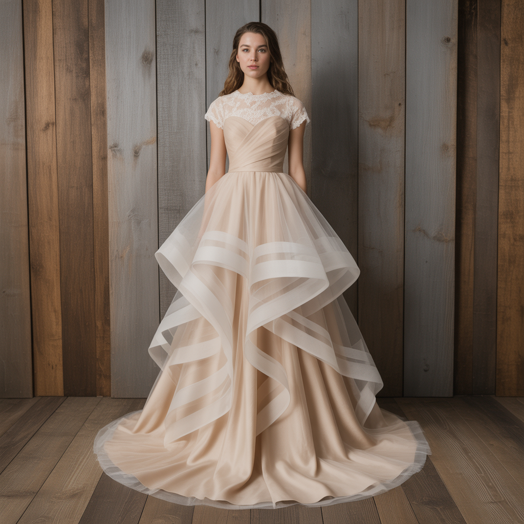 Mixed Fabrics Layered Tulle Over Raw Silk or Linen