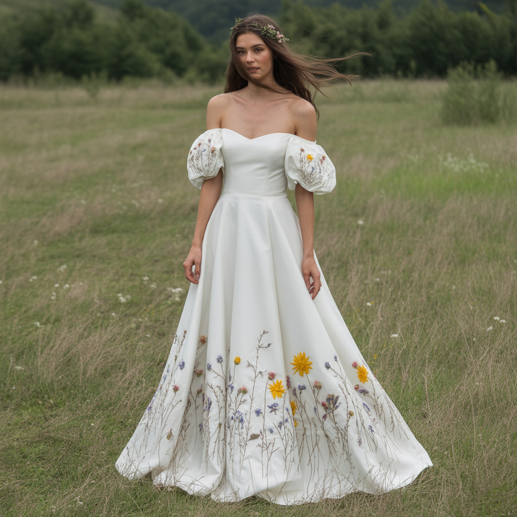 Off-the-Shoulder Gown with Wildflower Accents