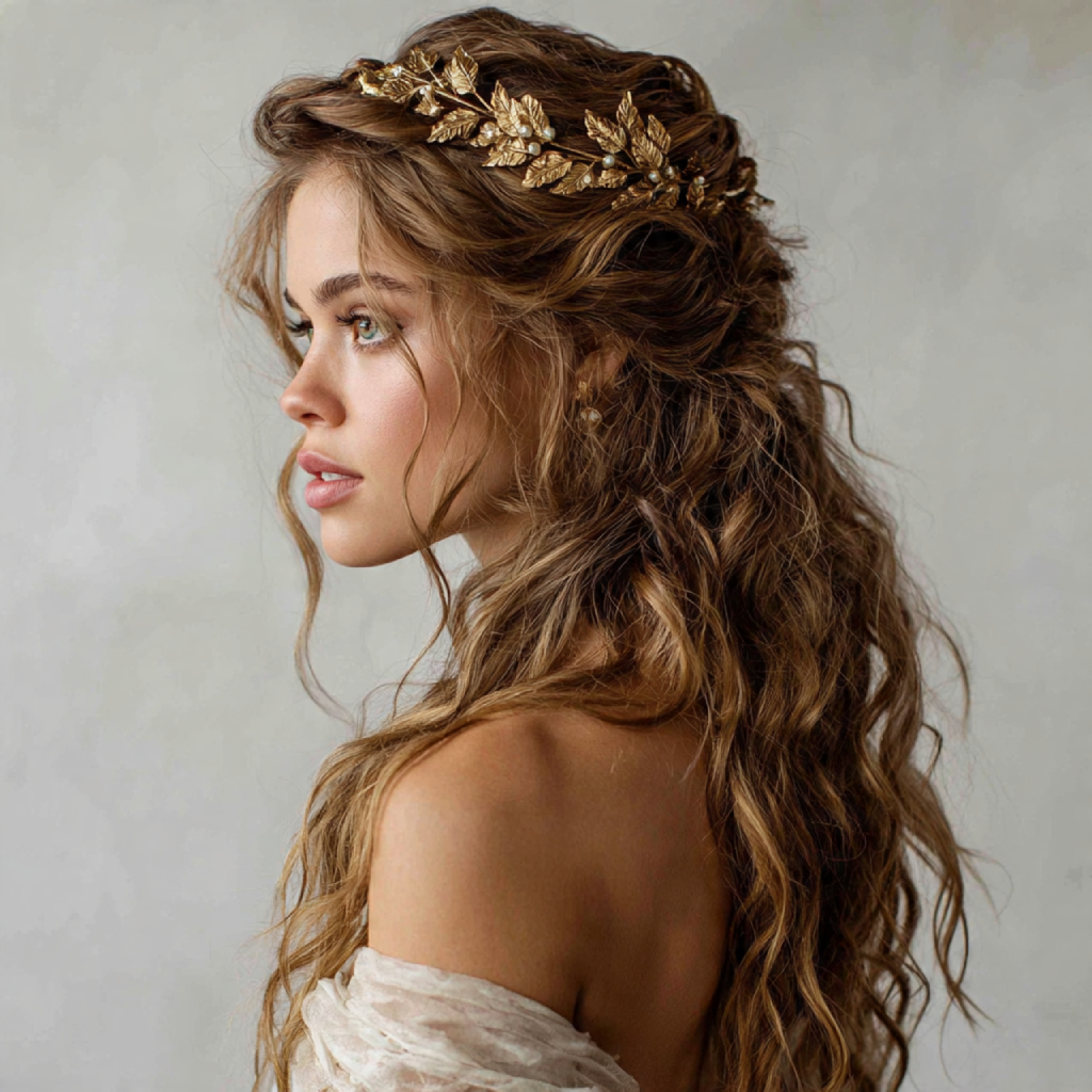 Romantic Loose Waves with Leaf Hairpieces