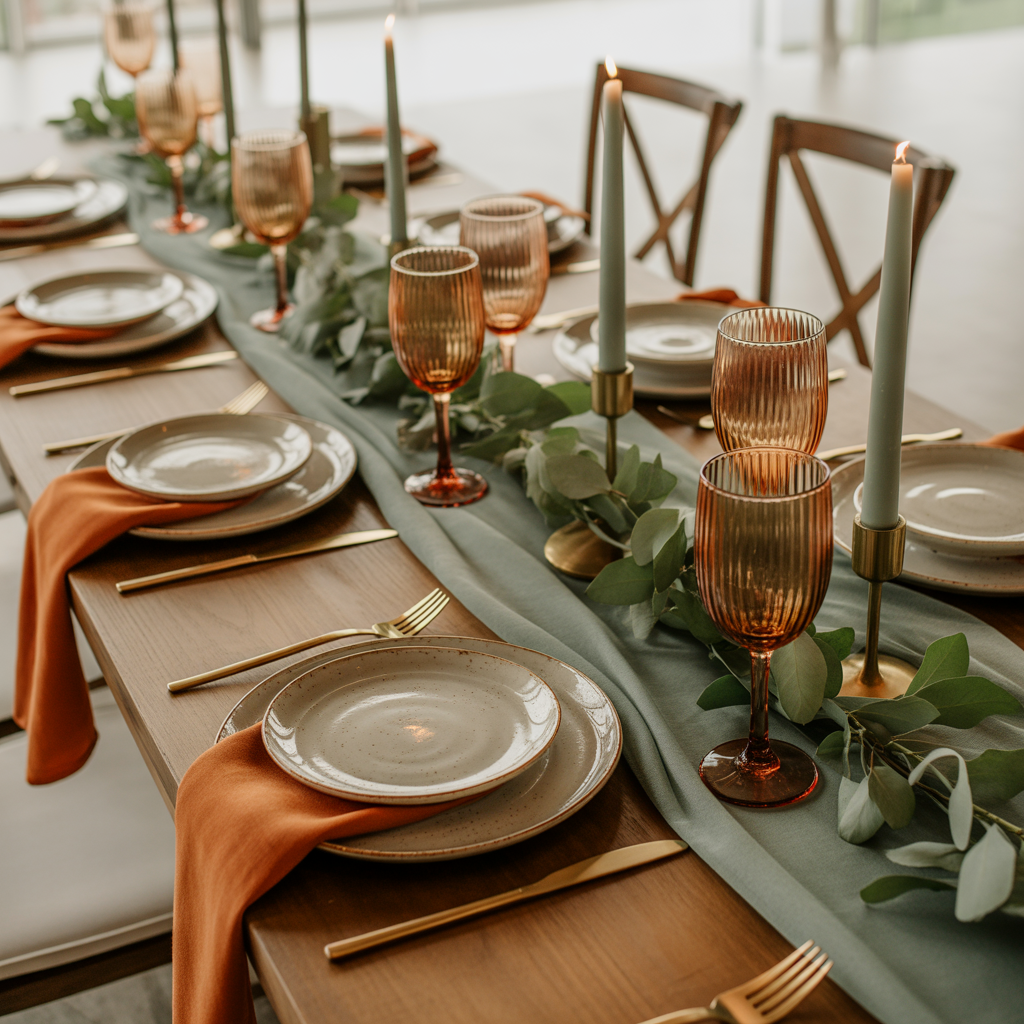 Table Settings for Burnt Orange and Sage Green Weddings