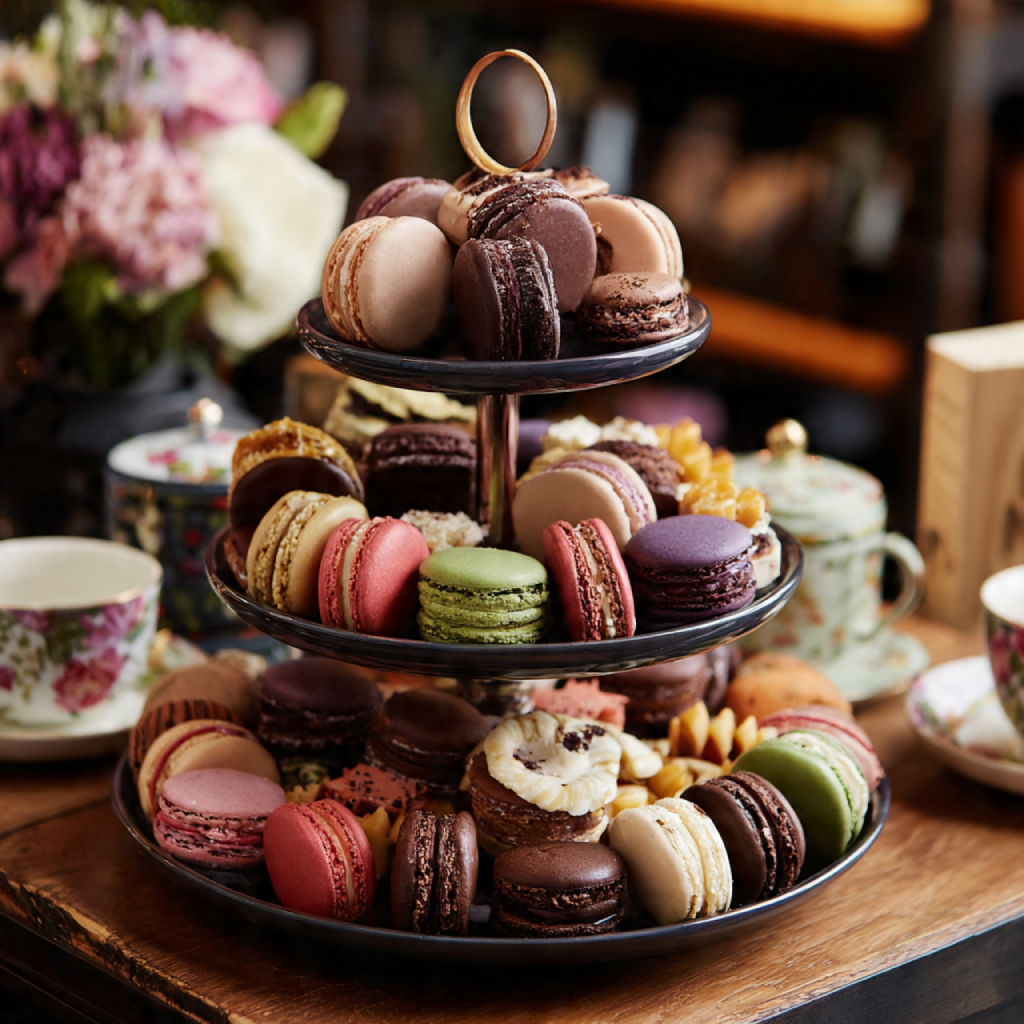 20 How to Plan a Charming Tea Party Bridal Shower 4 Tiered Dessert Stand with Petit Fours and Macarons