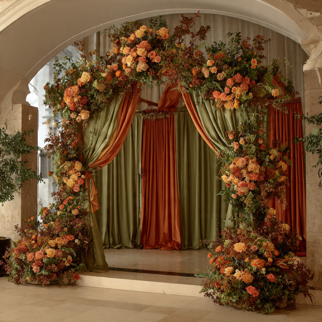Wedding Arch in Burnt Orange and Sage Green