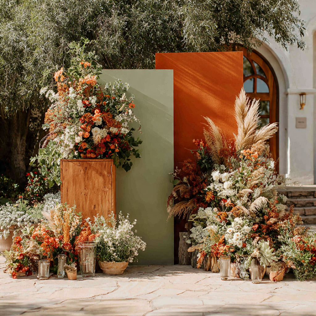Wedding Ceremony Backdrop in Burnt Orange and Sage Green