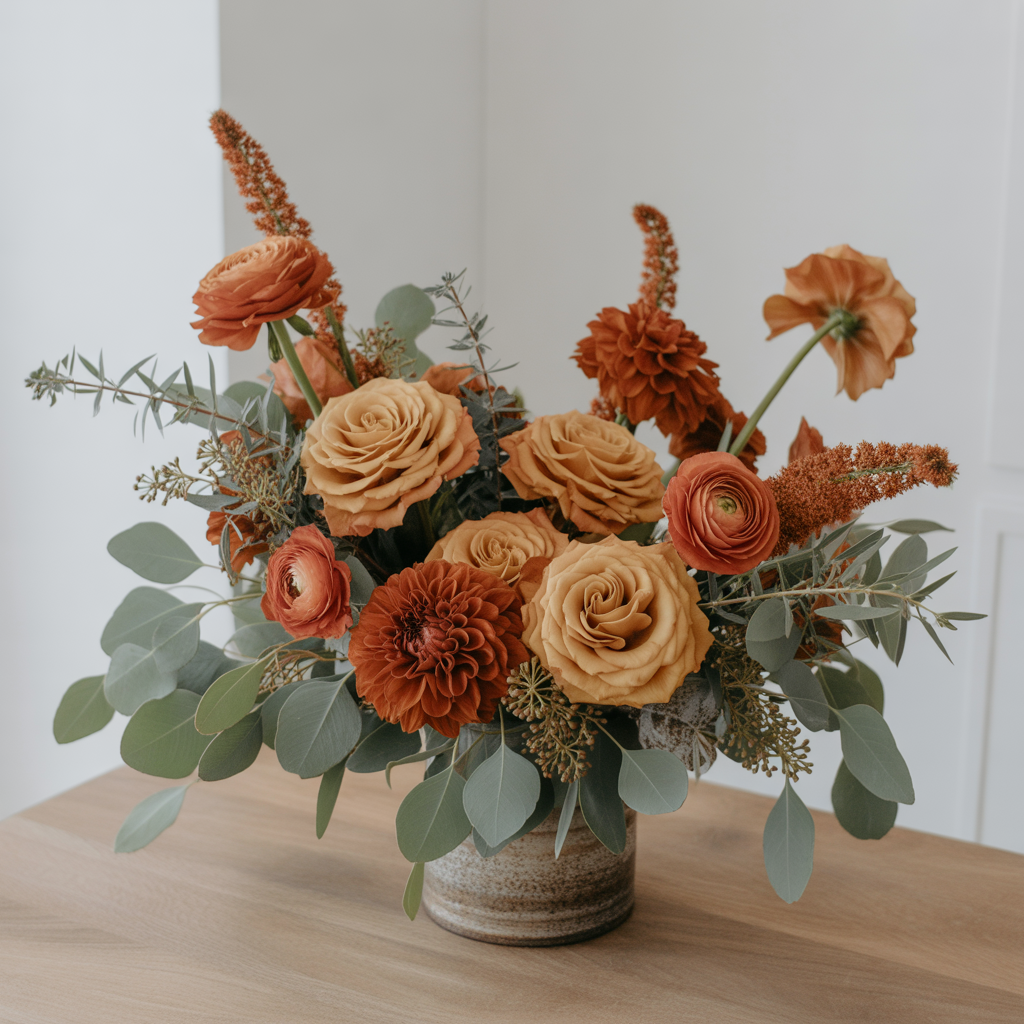 Wedding Florals in burnt orange and sage green wedding colors