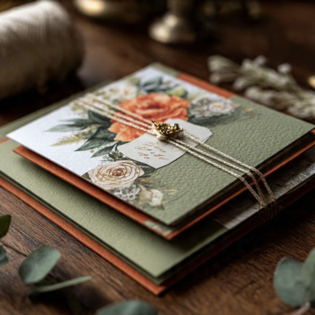 Wedding Invitations in Burnt Orange and Sage Green