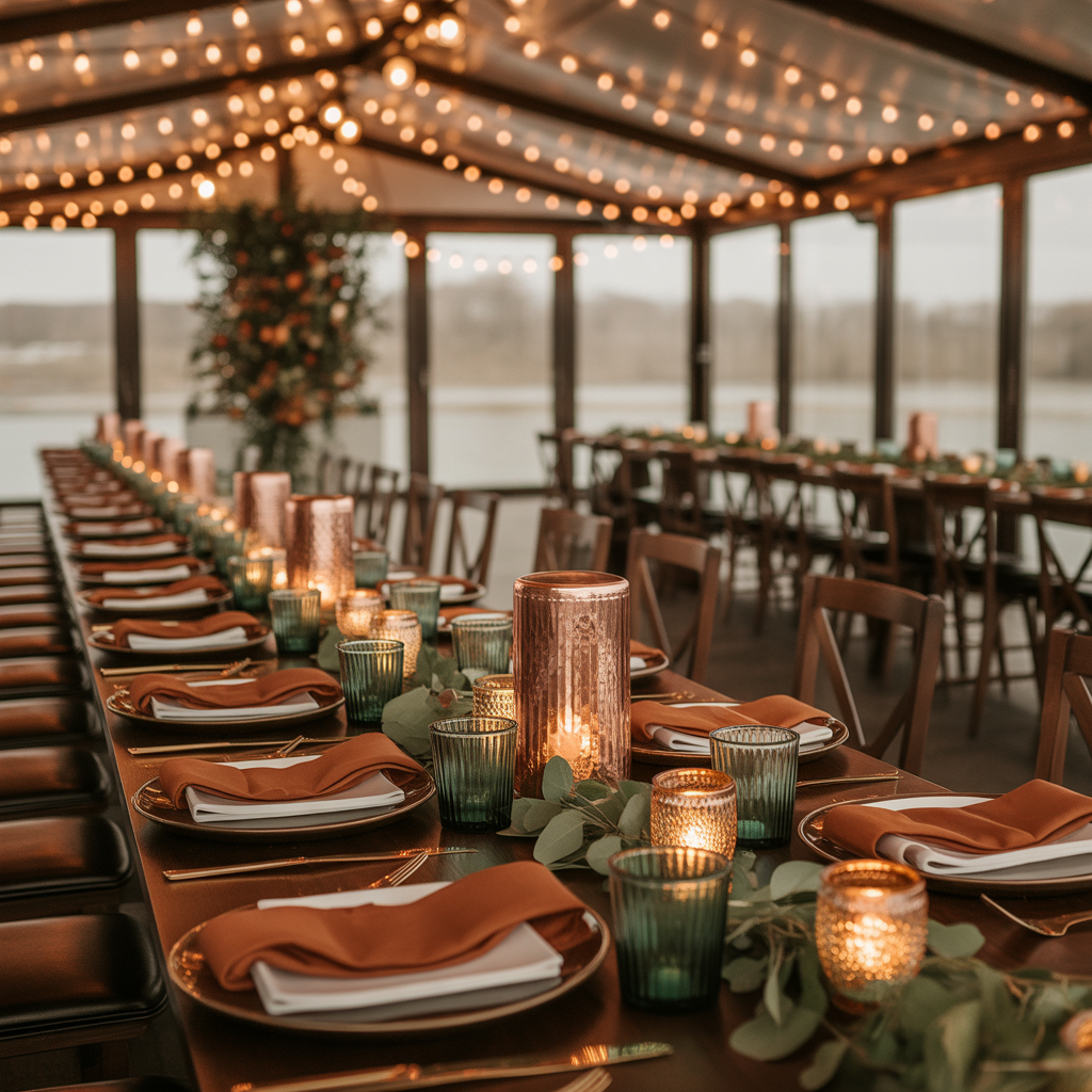 Wedding Lighting in burnt orange and sage green wedding colors