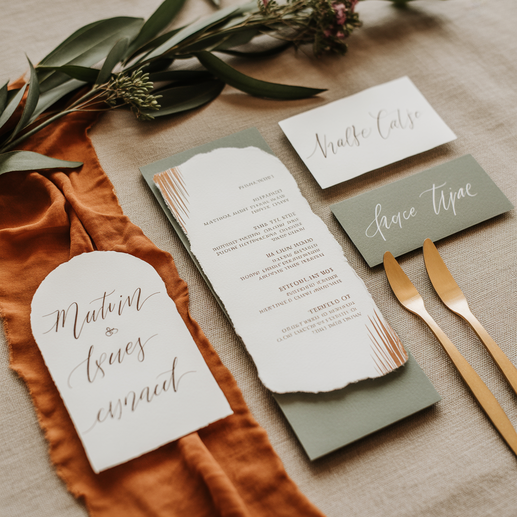 Wedding Stationery and Signage burnt orange and sage green wedding colors