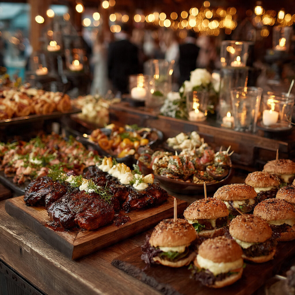 a beautifully arranged wedding catering table with