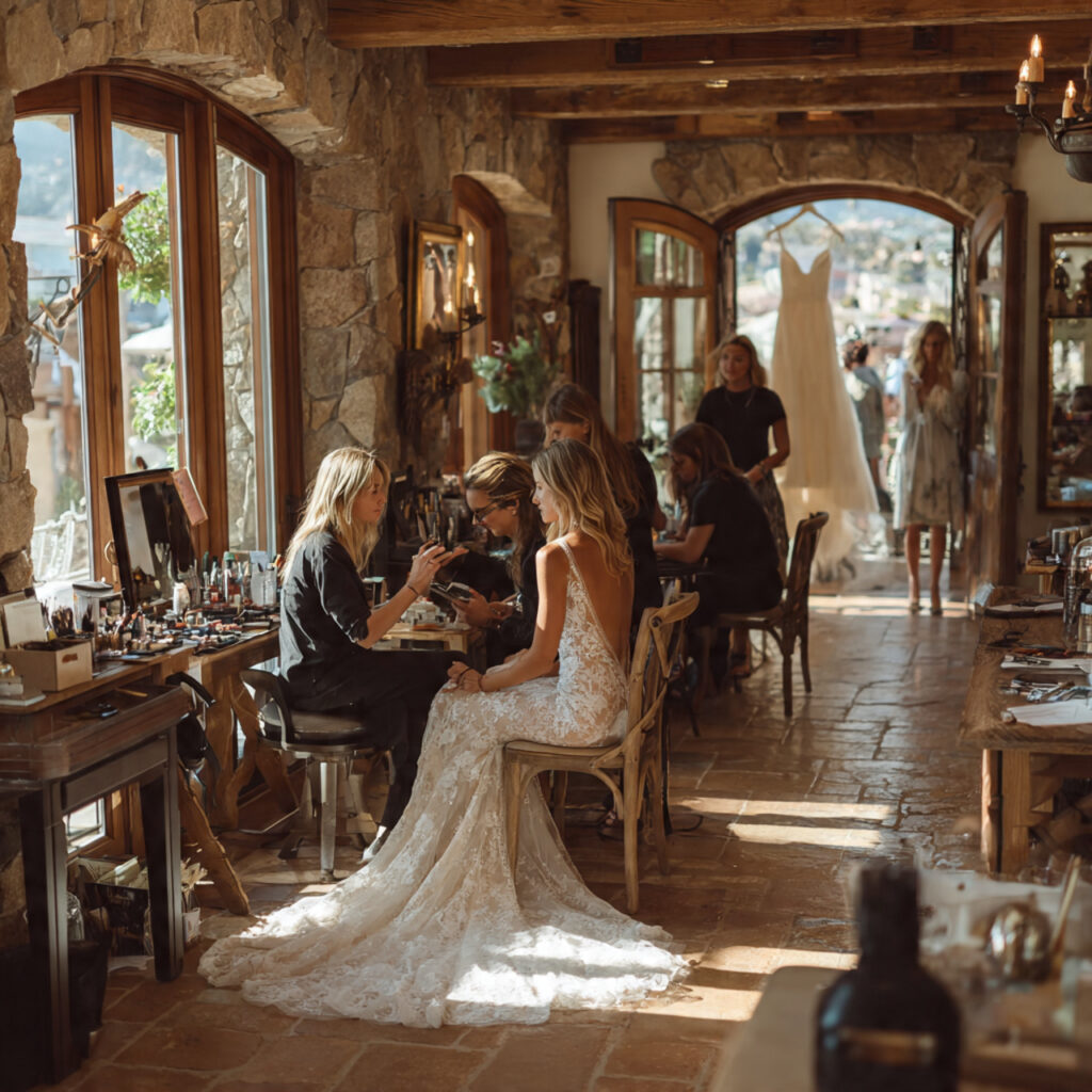 a bridal suite with makeup artists working