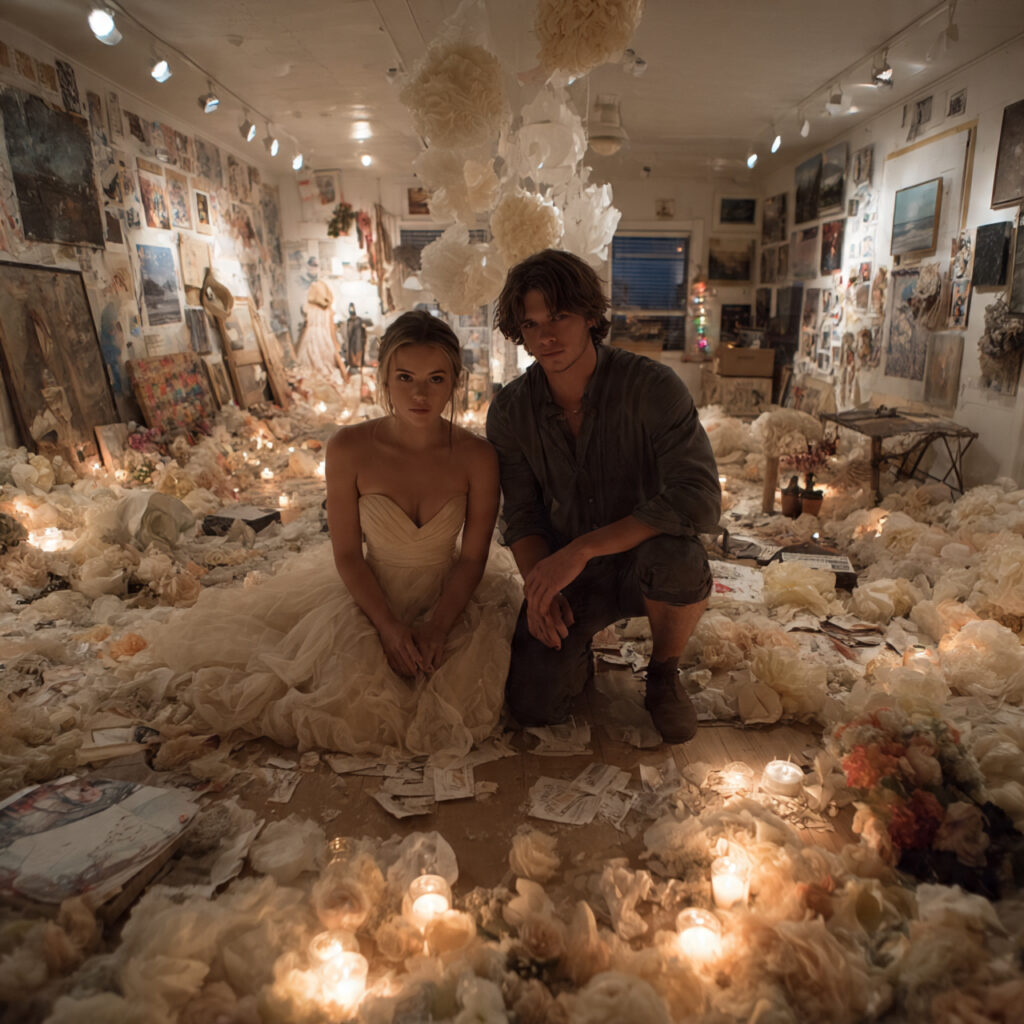 a bride and groom surrounded by partially