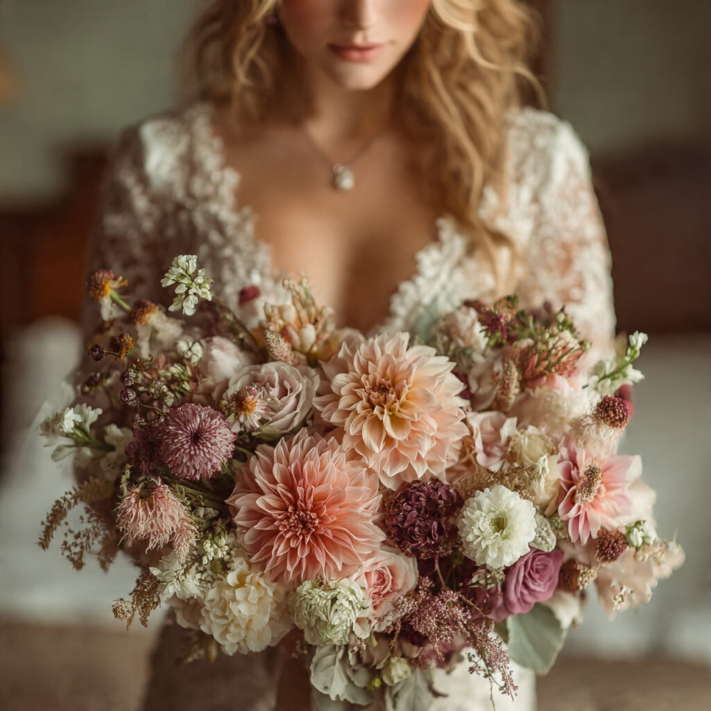 a bride holding a bouquet of fresh