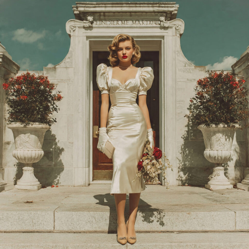 a bride in a 1950s style tea length satin