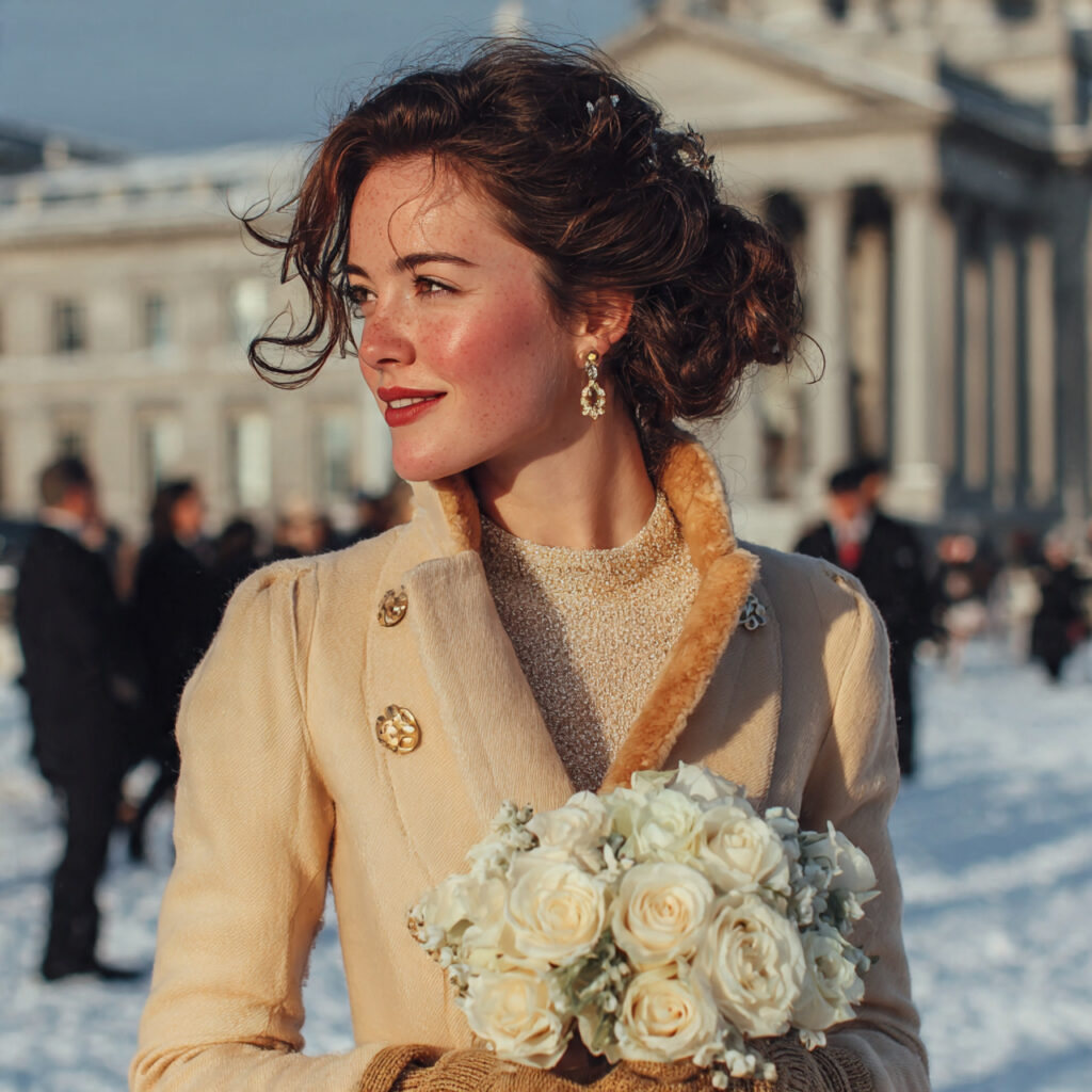 a bride in an ivory wool coat