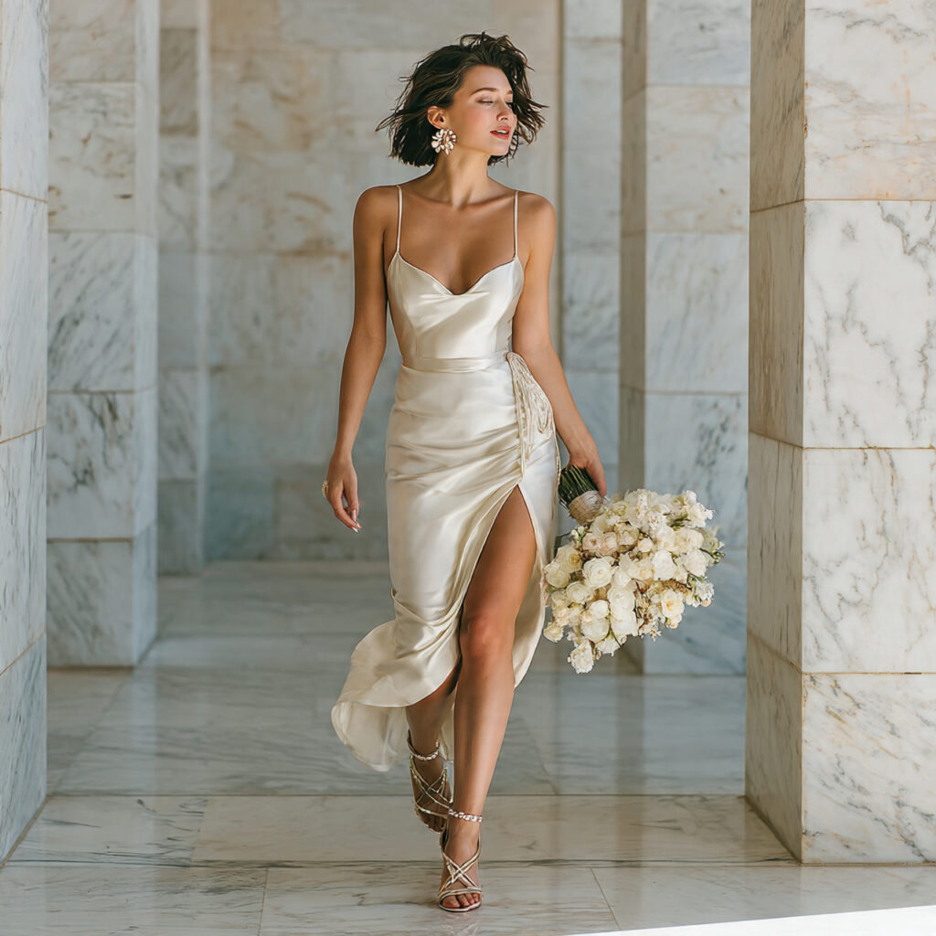 a bride wearing a silk ivory slip
