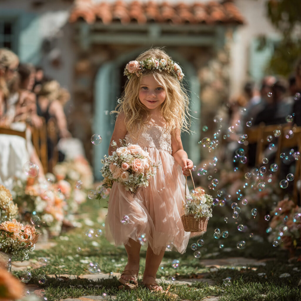 a cheerful flower girl creating bubbles as