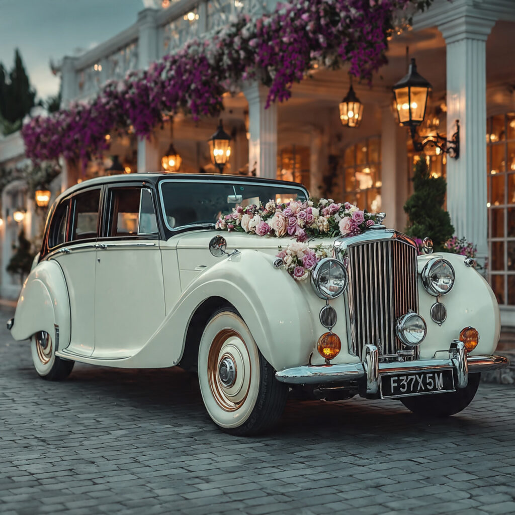 a classic wedding car decorated with flowers