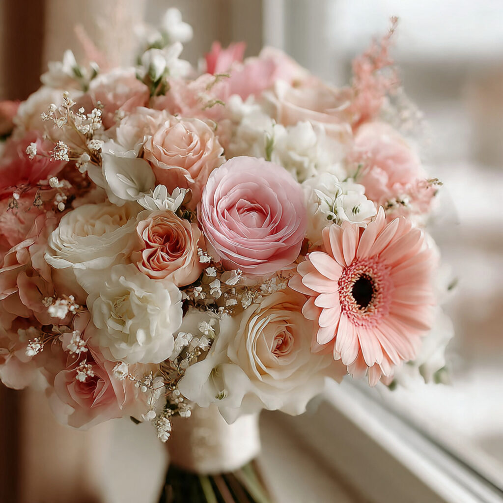 a close up shot of bridal bouquets and