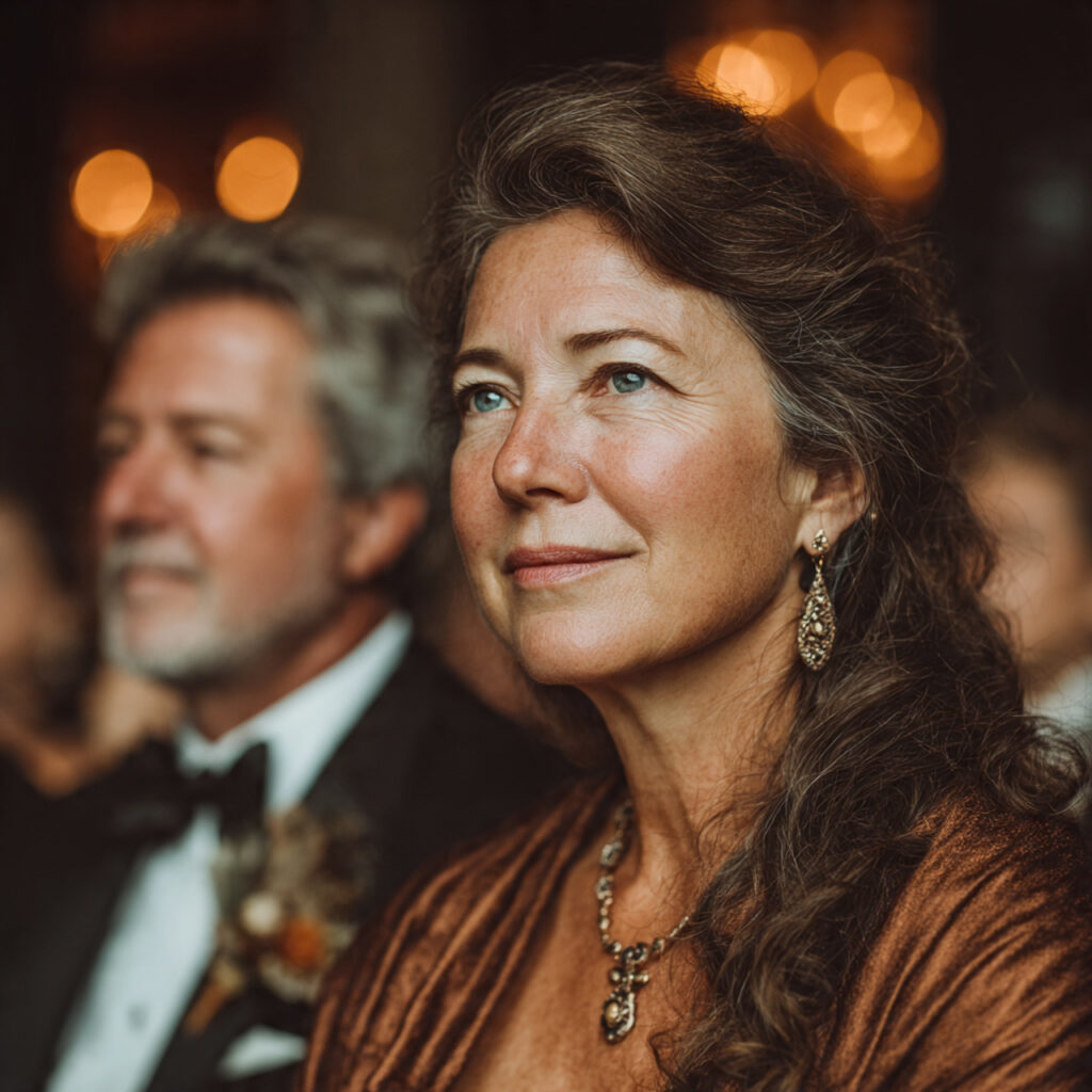 a composed mother seated in the front