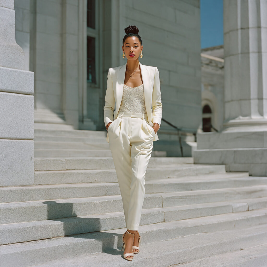 a confident bride in a tailored white