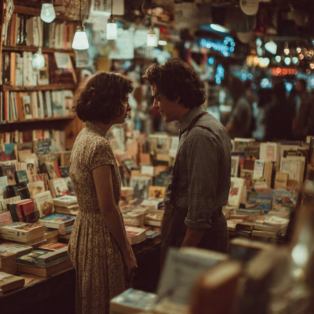 a couple browsing books in an indie